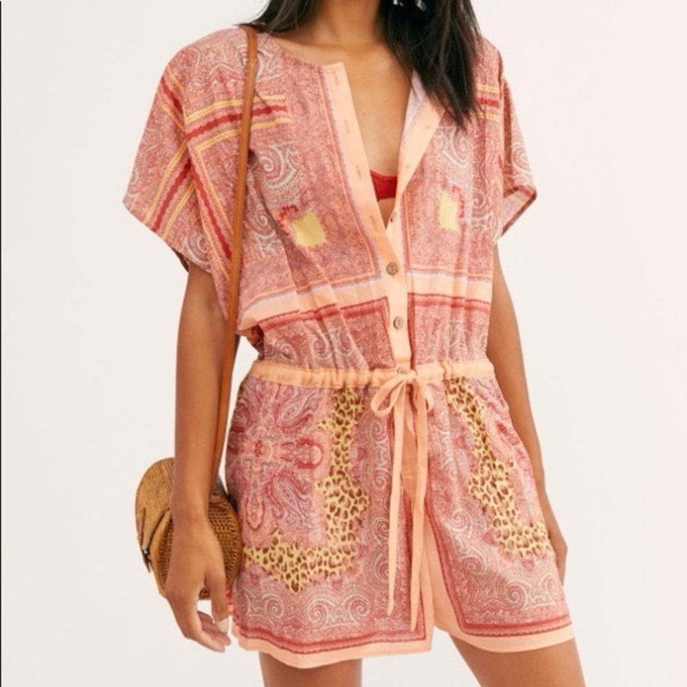 Free People Pink Peach Paisley Short Jumpsuit